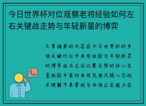 今日世界杯对位观察老将经验如何左右关键战走势与年轻新星的博弈