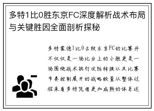 多特1比0胜东京FC深度解析战术布局与关键胜因全面剖析探秘